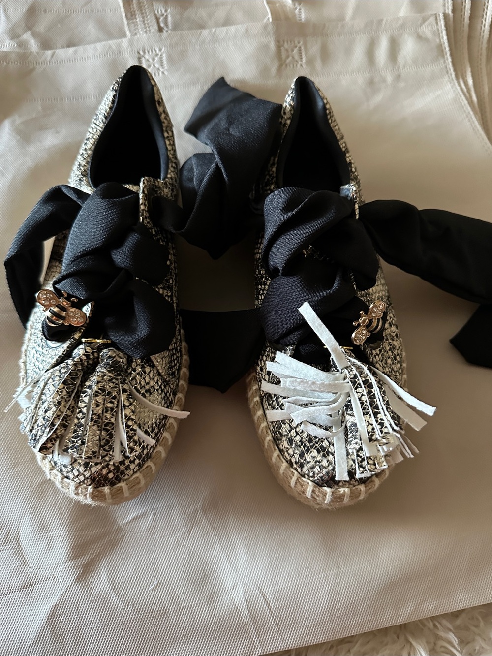Womens Espadrille Flats with Black Ribbon and Snake-Print Detail